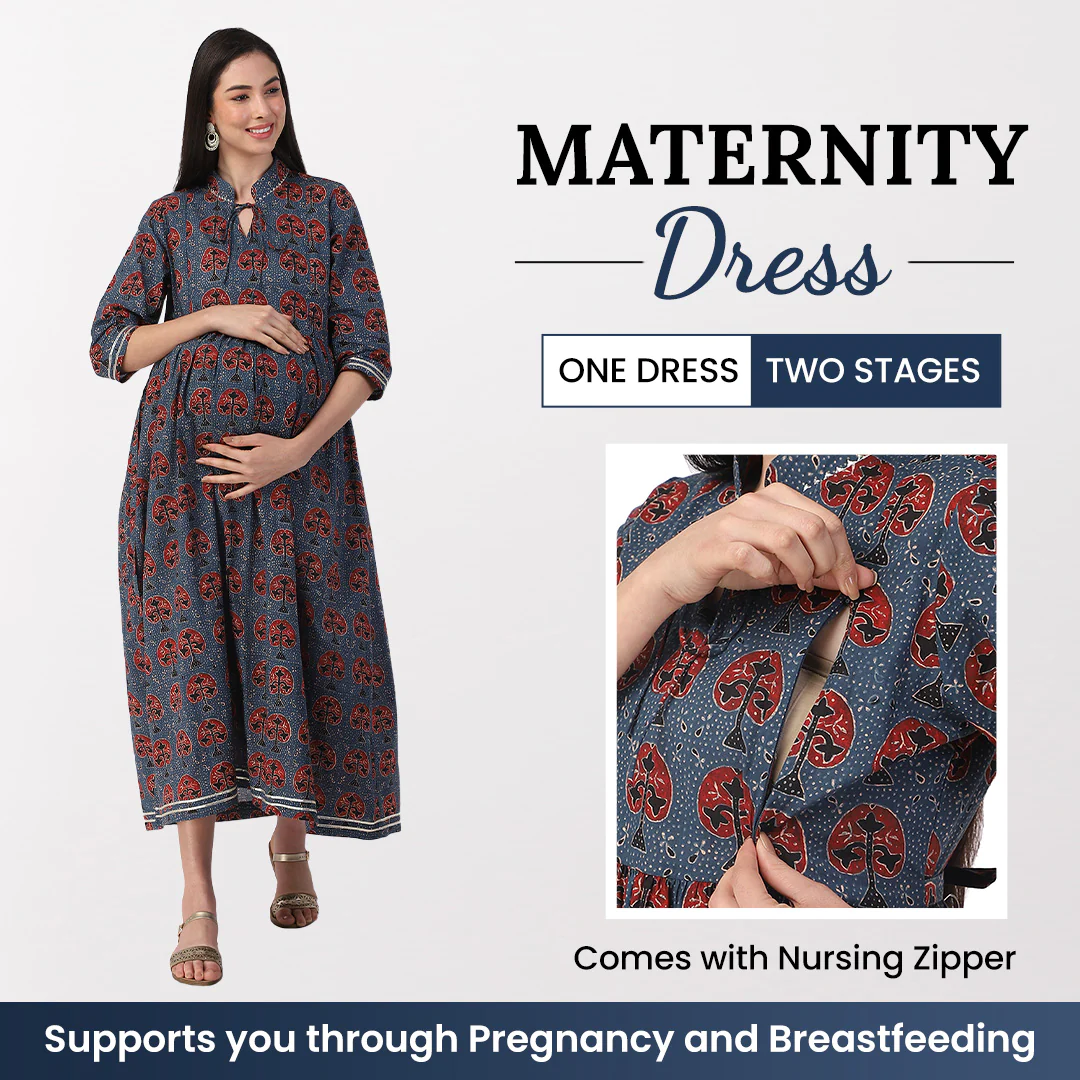 Healofy Maternity Dress (Patta boti-blue)